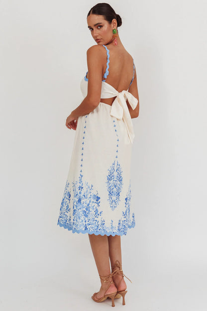 Asami Floral Print Ric Rac Trim Midi Dress Blue
