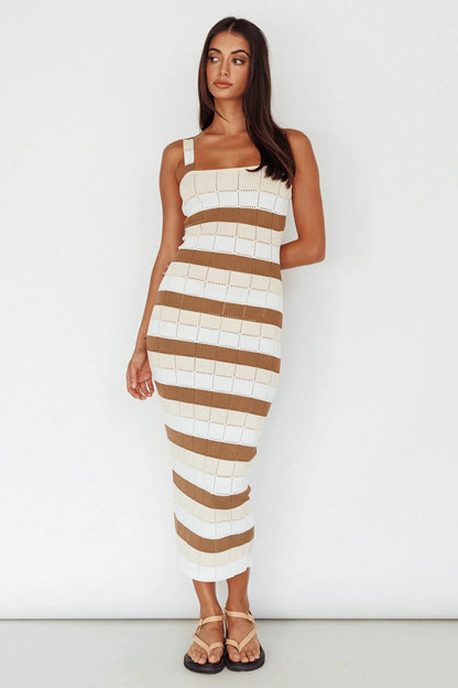 Chase The Sunrise Knit Midi Dress Striped Chocolate/White