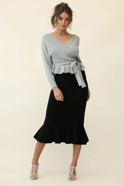 Shalon Ribbed Knit Fluted Hem Midi Skirt Antique Black