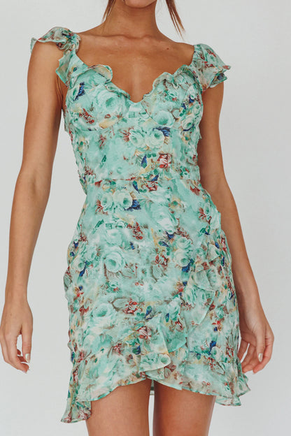 Make Memories Frill Strap Mini Dress Floral Mint