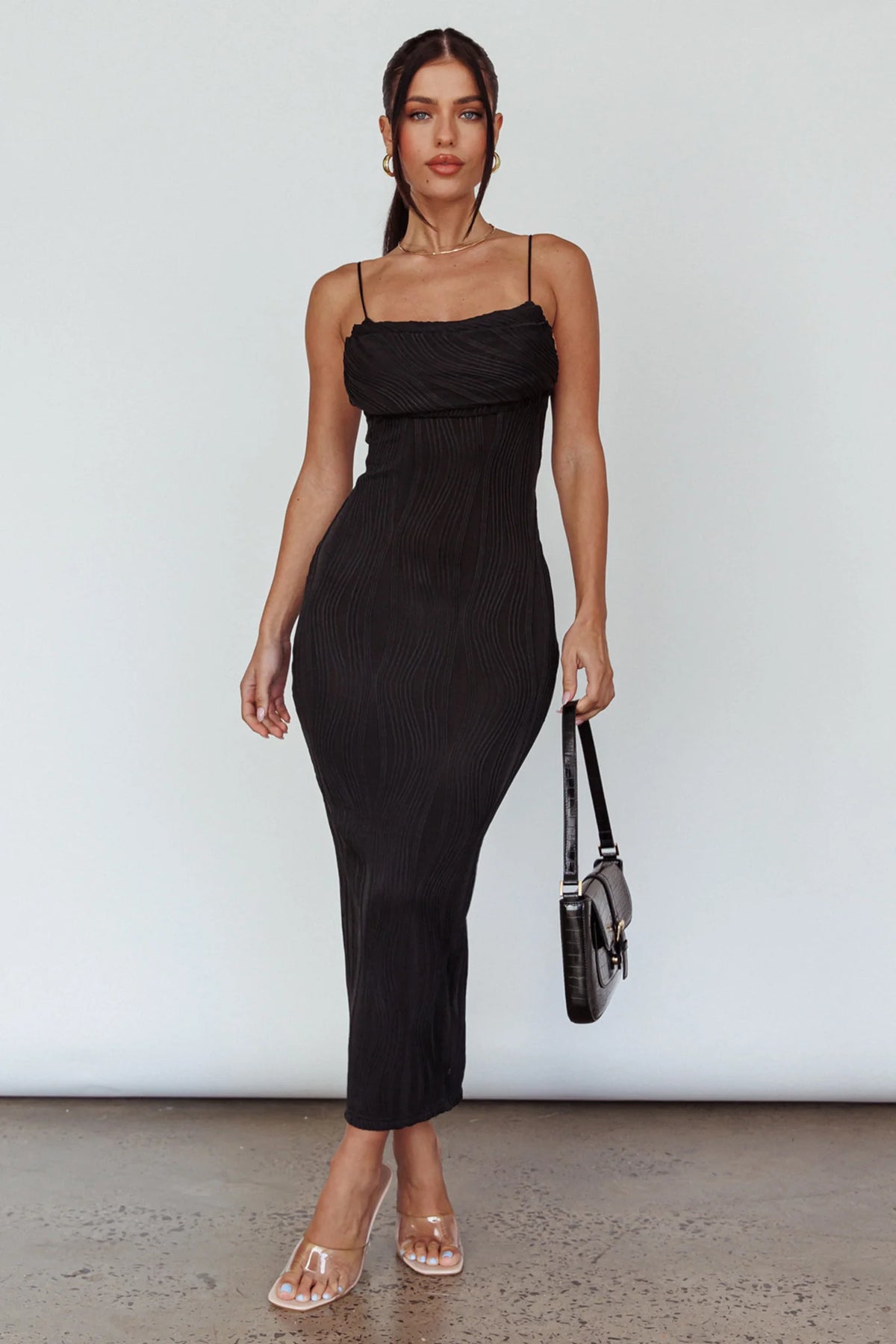 Well Versed Pleated Bust Textured Maxi Dress Black