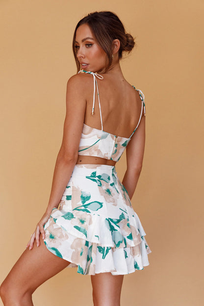 Janene Tied Shoulder Crop Top White/Olive
