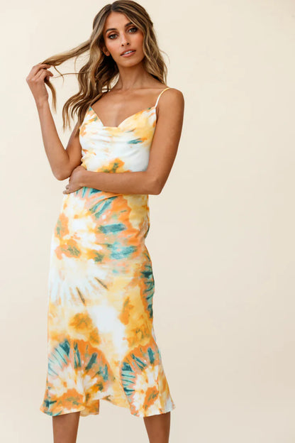 Show Me Love Cowl Neck Midi Dress Tie-Dye Orange Multi