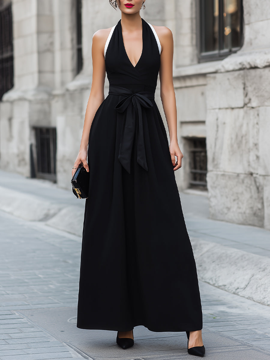 Halter Neck Tie Waist A-Line Maxi Dress