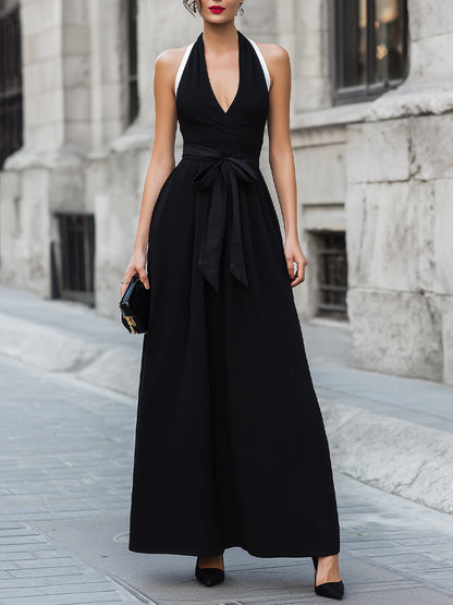 Halter Neck Tie Waist A-Line Maxi Dress