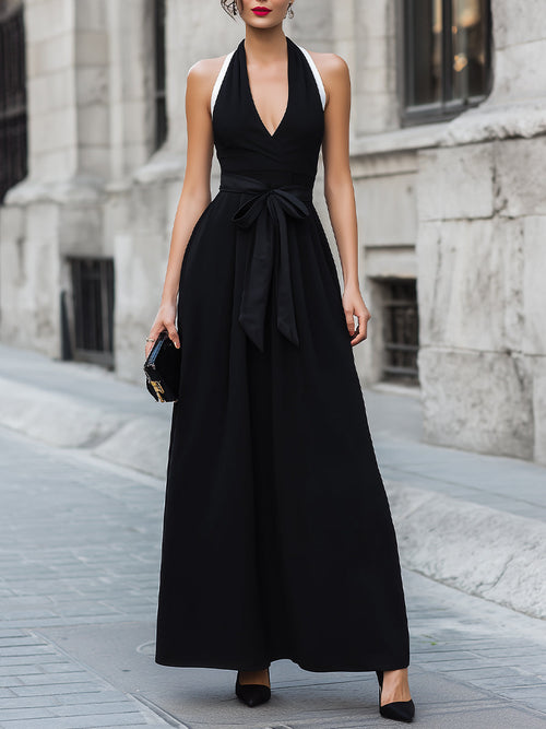 Halter Neck Tie Waist A-Line Maxi Dress