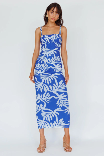 Hawaiian Sun Ruched Bust Midi Dress Print Blue