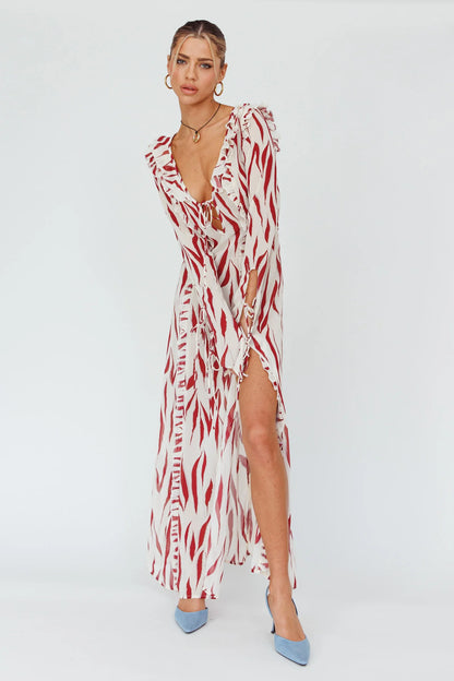 Oasis Moon Frill Trim Maxi Dress Printed Ruby