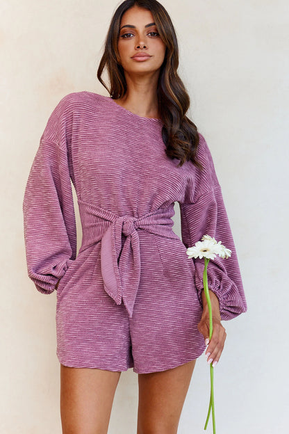 Windsor Long Balloon Sleeve Waist Tie Romper Mauve