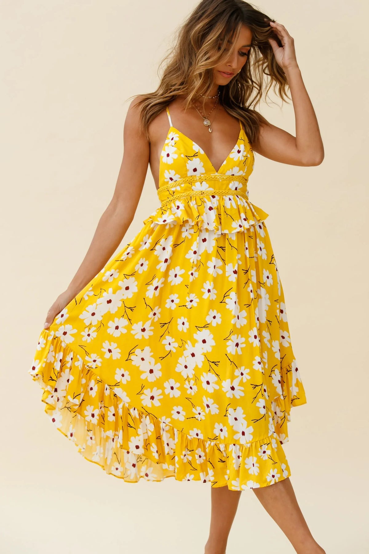 Marigold Peplum Midi Ruffle Dress Floral Print Yellow