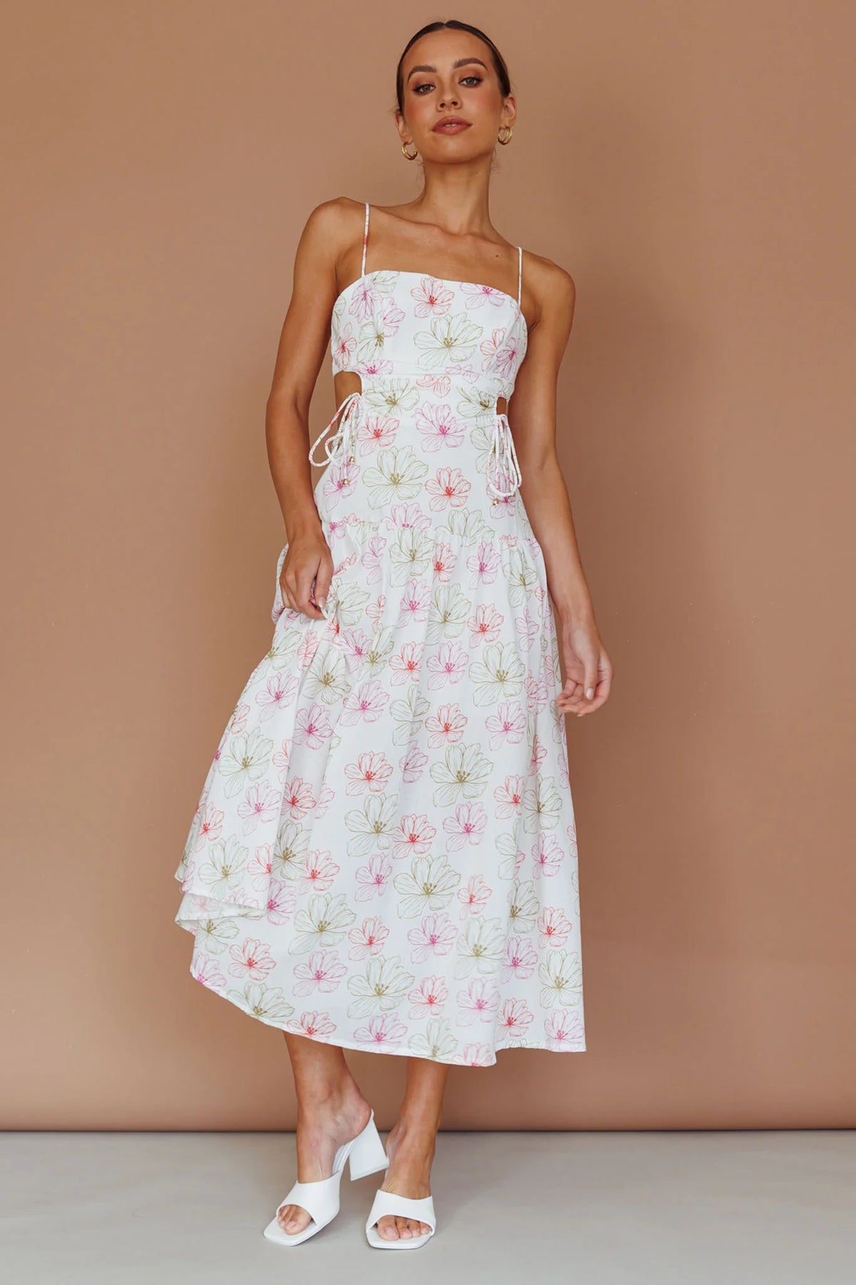 Aloha Cut-Out Waist Midi Dress Floral Pink