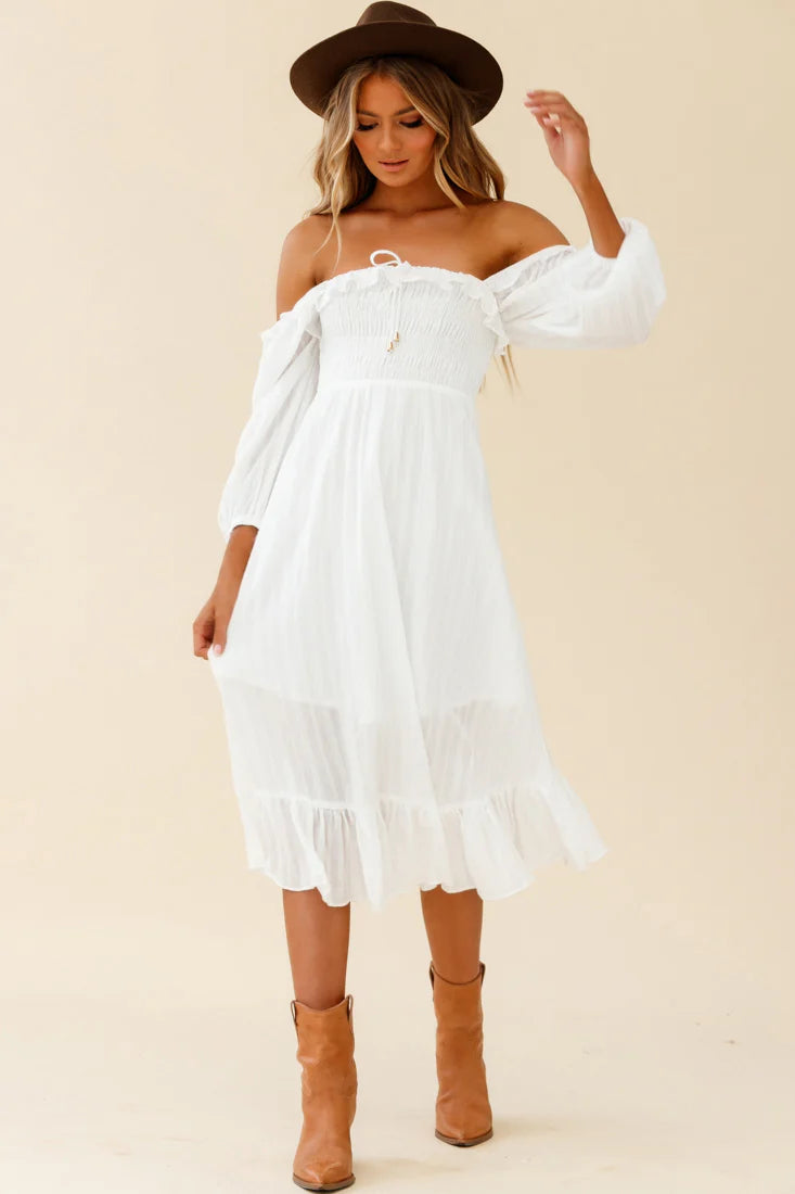 Flynn Off-Shoulder Shirred Bust Midi Dress White