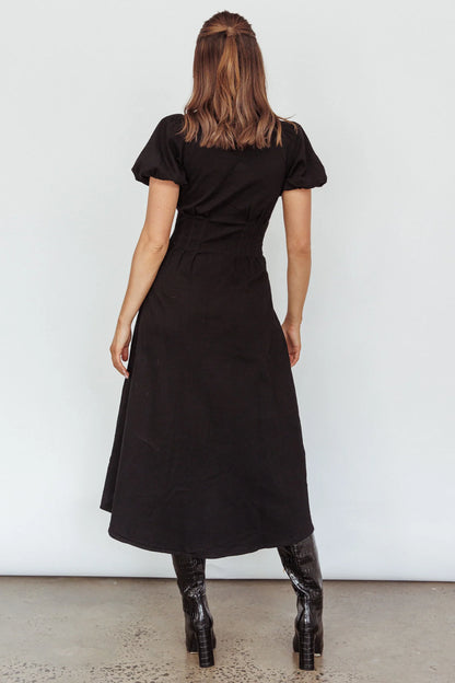Zurich Pleated Waist Midi Dress Black