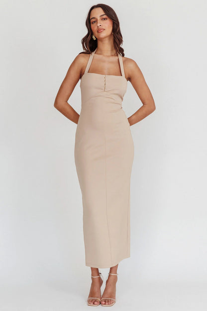 Goldfoil Halter Neck Maxi Dress Ecru