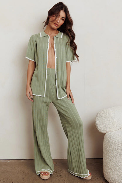 Liloh Contrast Ribbed Wide Leg Pant Sage