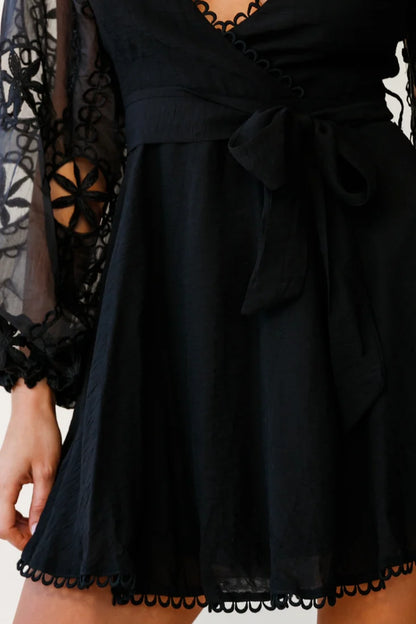 Dali Embroidered Chiffon Balloon Sleeve Dress Black