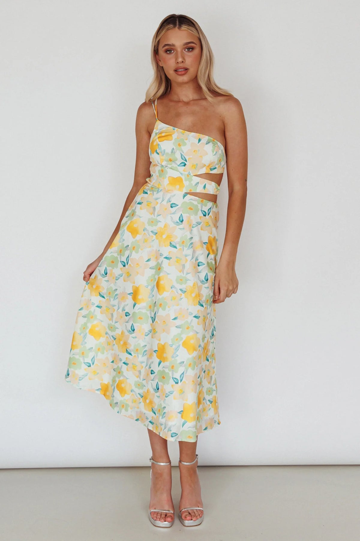 Halia One-Shoulder A-Line Midi Dress Floral Yellow