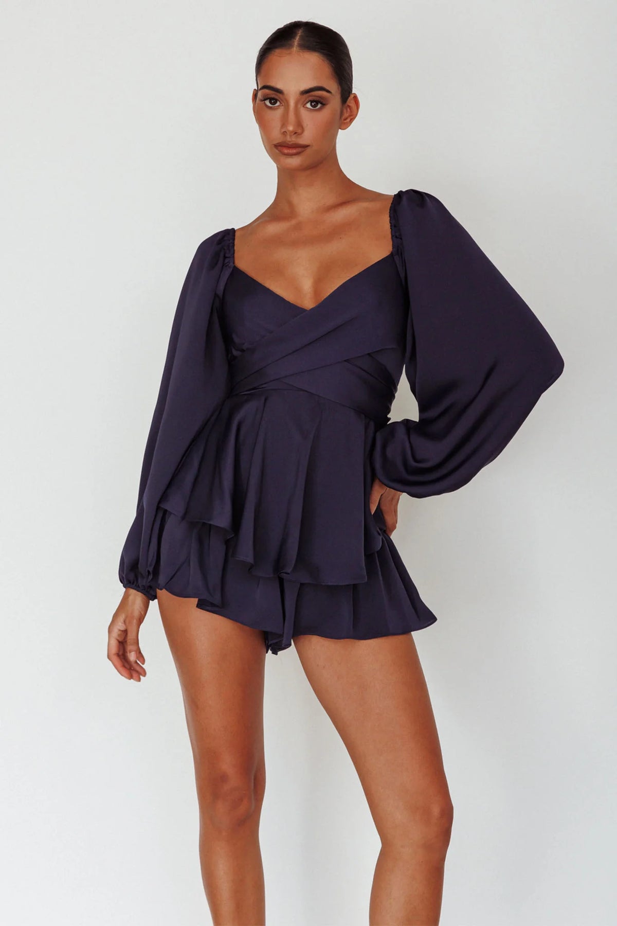 It's Complicated Long Sleeve Flounce Romper Navy