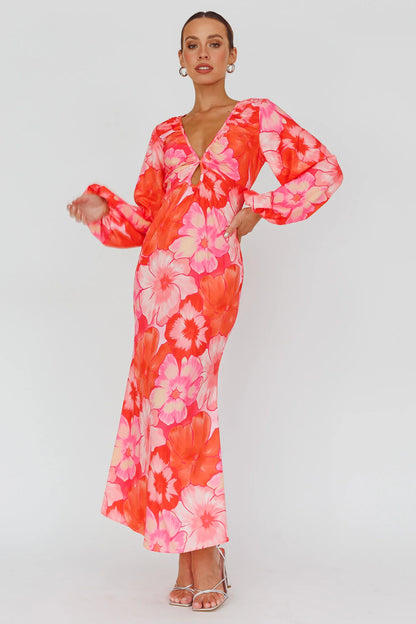 Yessica Balloon Sleeve Midi Dress Floral Pink