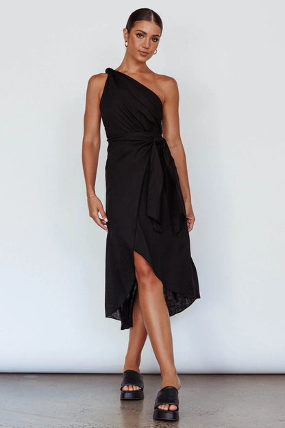 Island Time One-Shoulder Midi Dress Black