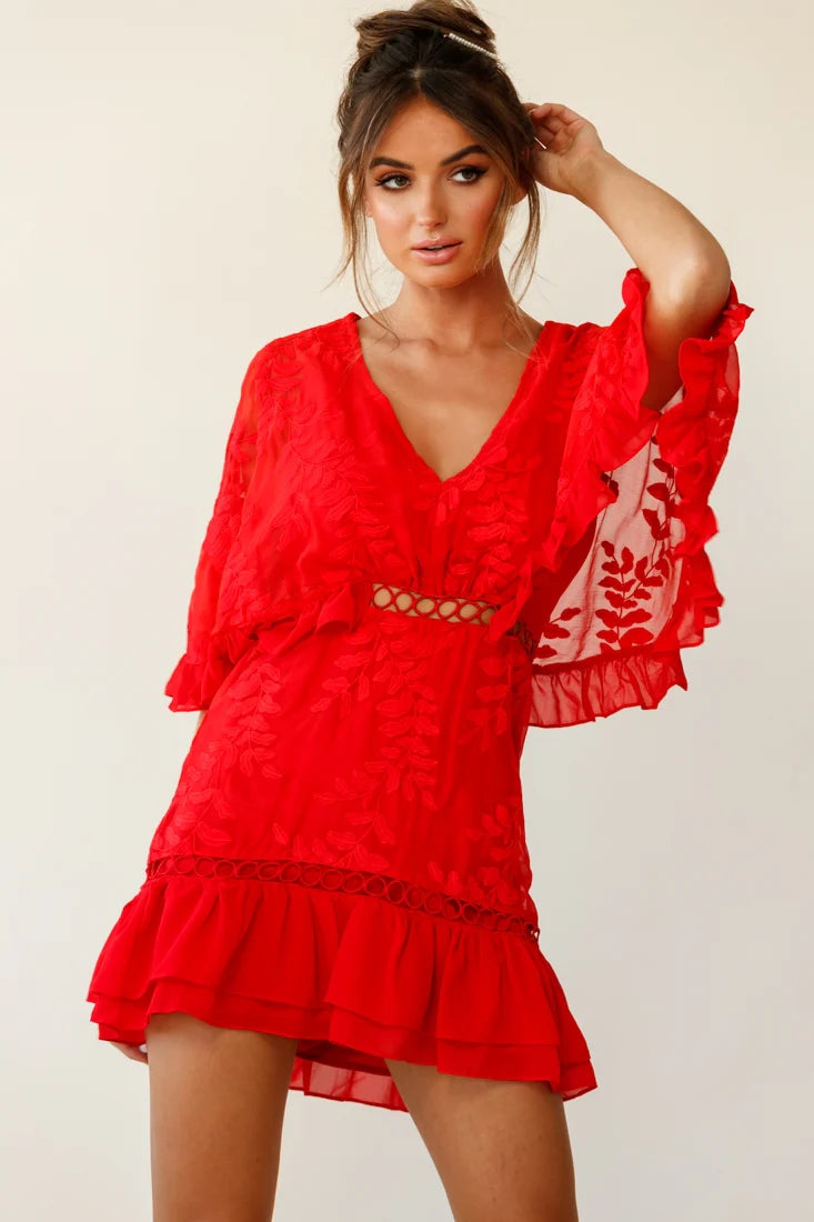 Caspar Batwing Dress Red