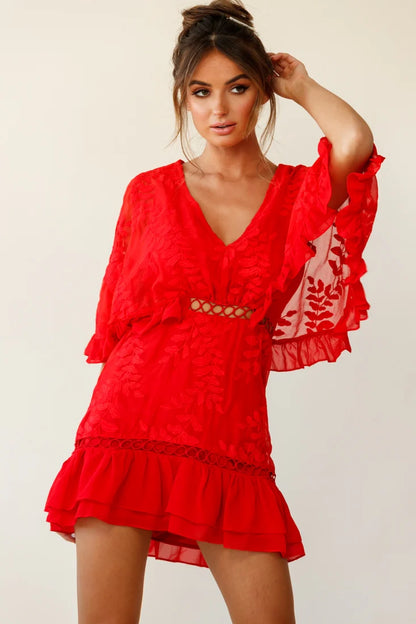 Caspar Batwing Dress Red