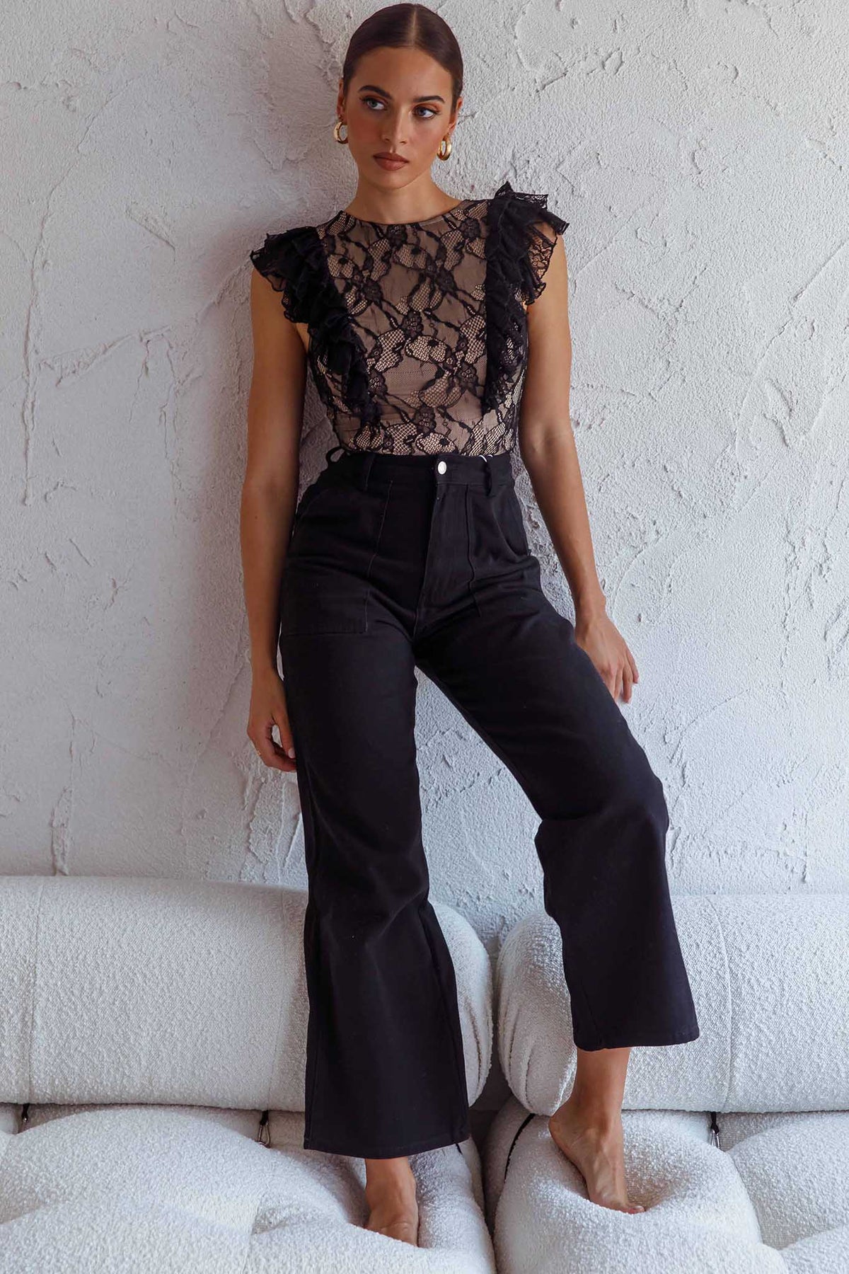 Spring Fling Frill Trim Lace Bodysuit Black