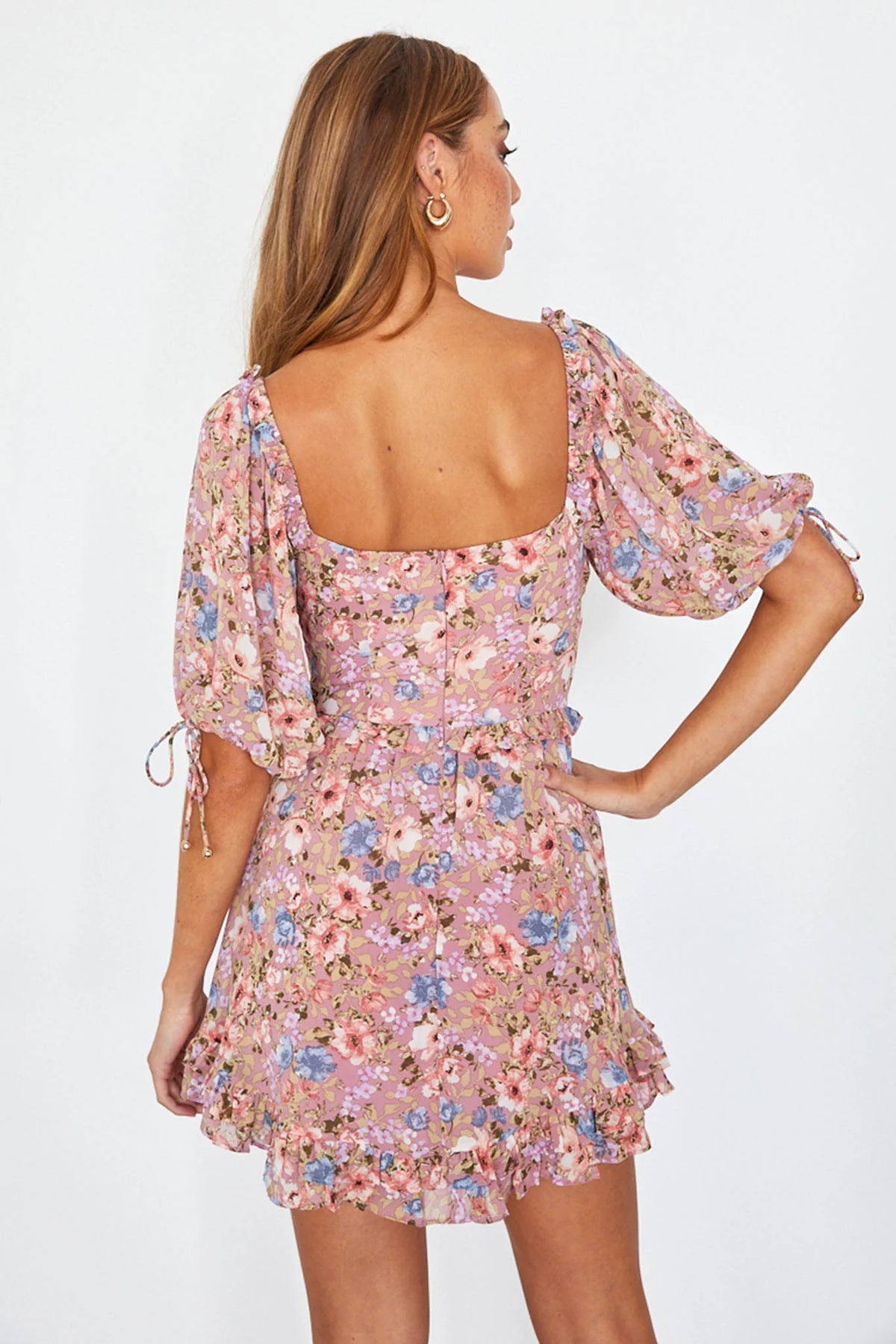 Kirra Puff Sleeve Ruched Bodice Dress Floral Pink