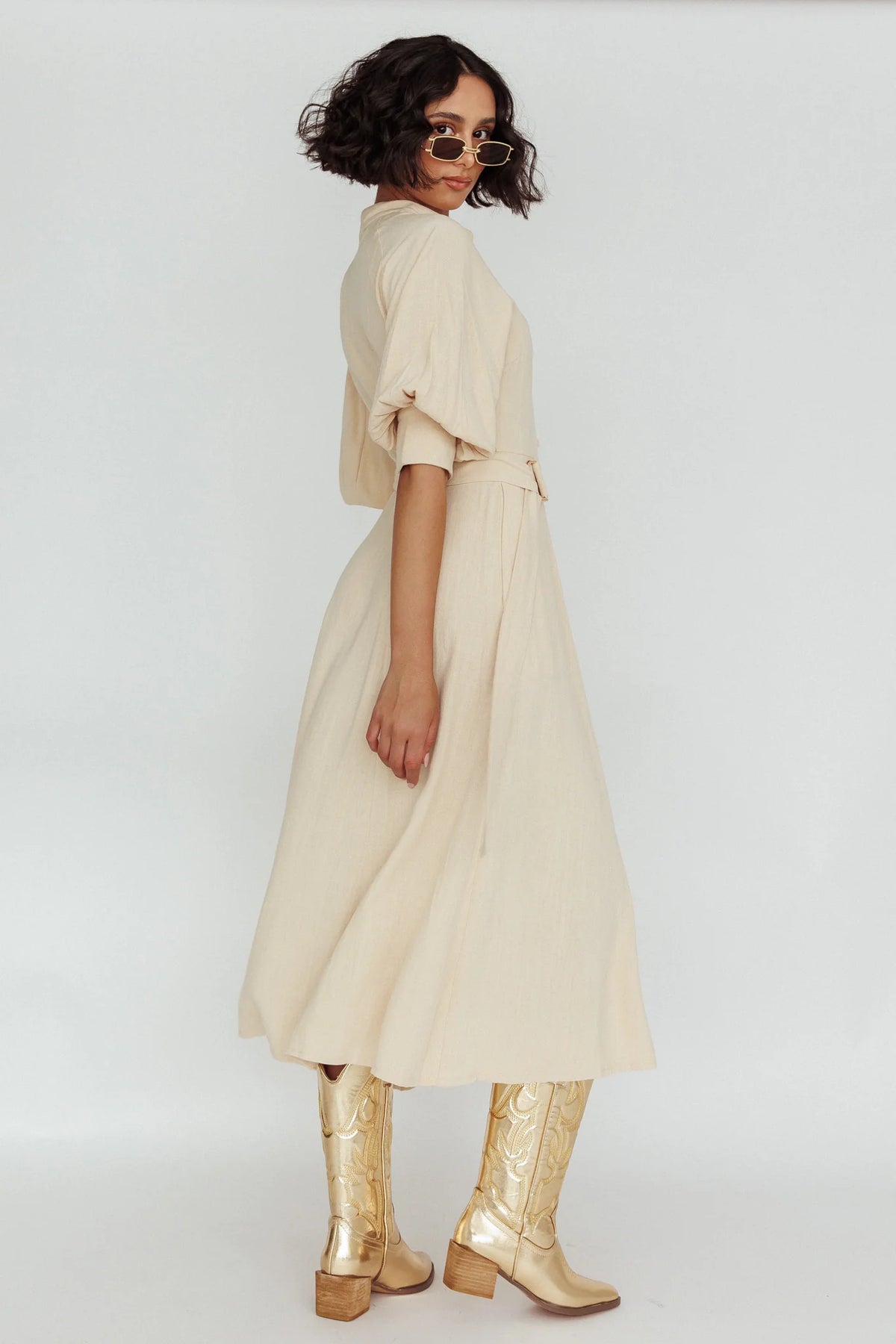 Mallory Belted Waist Lantern Sleeve Midi Dress Beige
