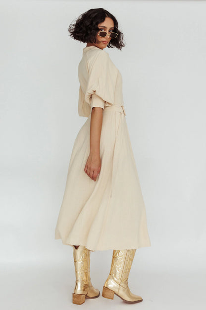Mallory Belted Waist Lantern Sleeve Midi Dress Beige