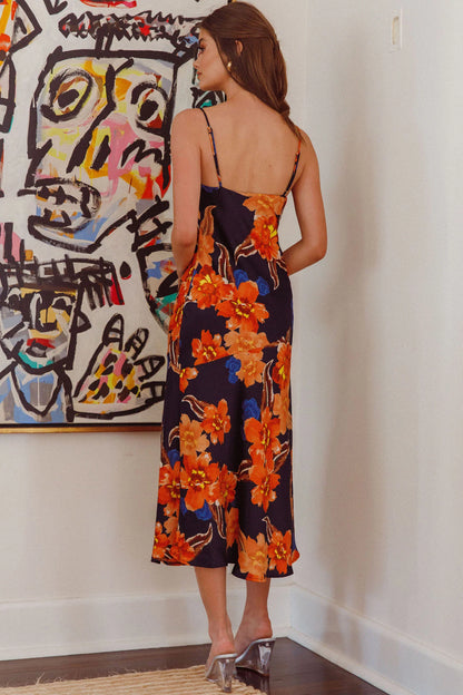 Well Versed Pleated Bust Front Split Dress Flower Orange