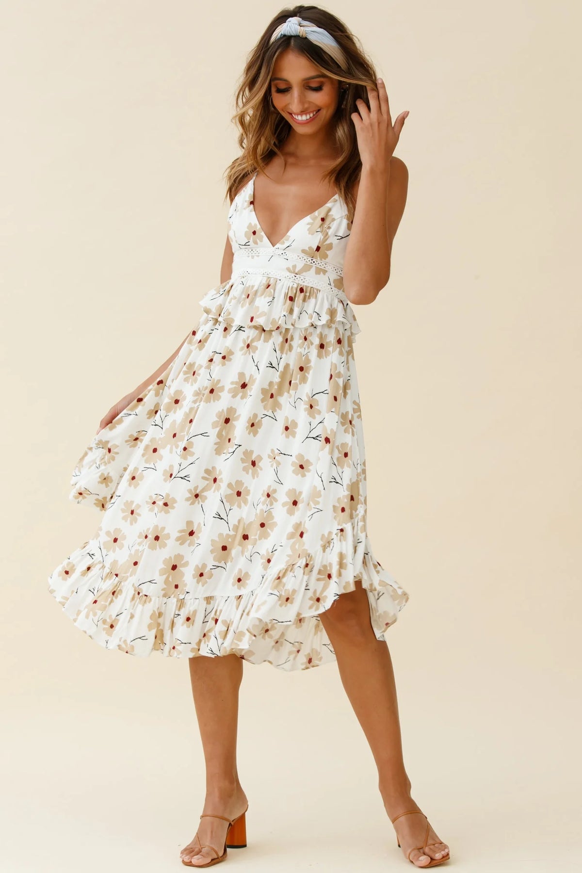 Marigold Peplum Midi Ruffle Dress Floral Print White