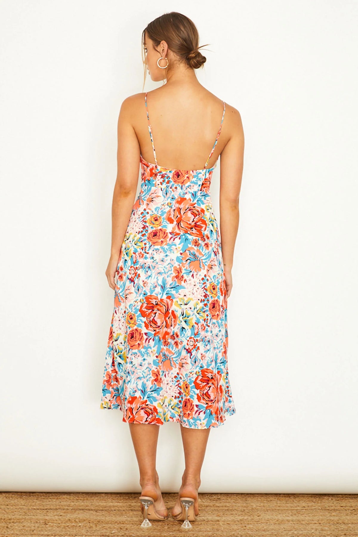 Malibu Gathered Bust Cami Strap Midi Dress Floral Orange