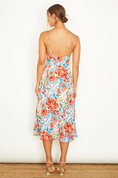 Malibu Gathered Bust Cami Strap Midi Dress Floral Orange