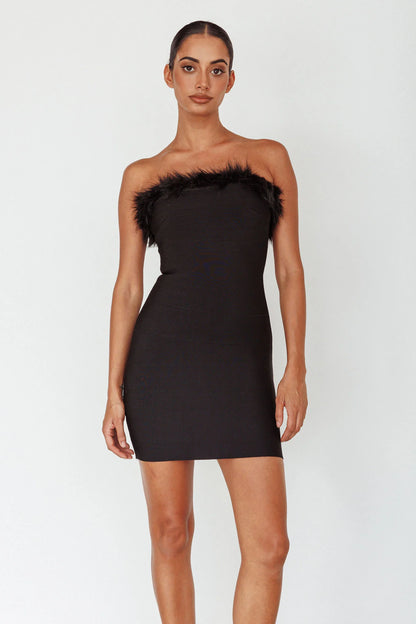 Cherri Fur Trim Mini Dress Electric Black