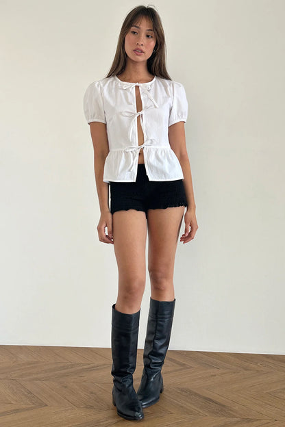Scandi Puff Sleeve Tie Front Top White