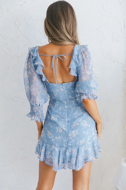 Desiree Sweetheart Neckline Shirred Cuff Frill Dress Floral Print Blue