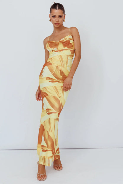 Teava Laced Waist Maxi Dress Abstract Yellow