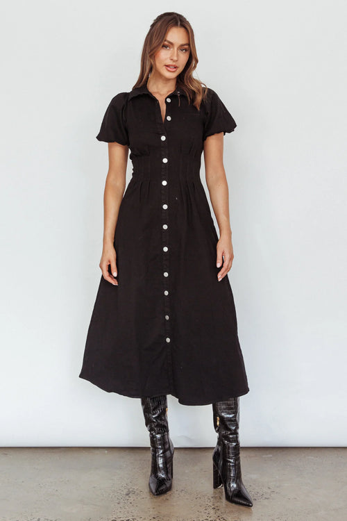 Zurich Pleated Waist Midi Dress Black