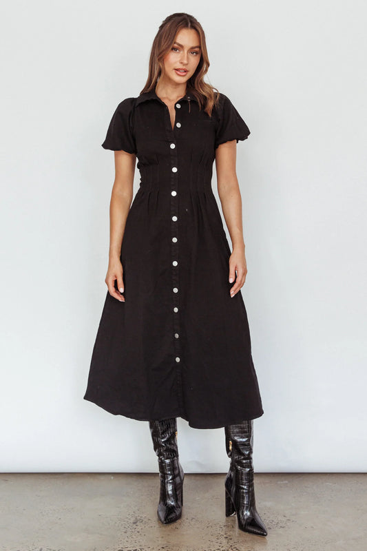 Zurich Pleated Waist Midi Dress Black