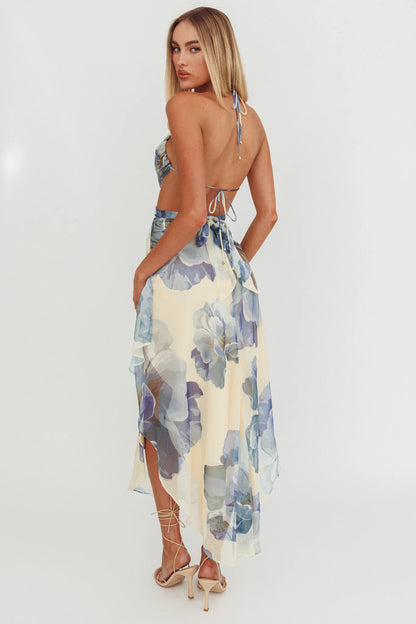 Samia Cut-Out Halterneck Maxi Dress Beige/Blue