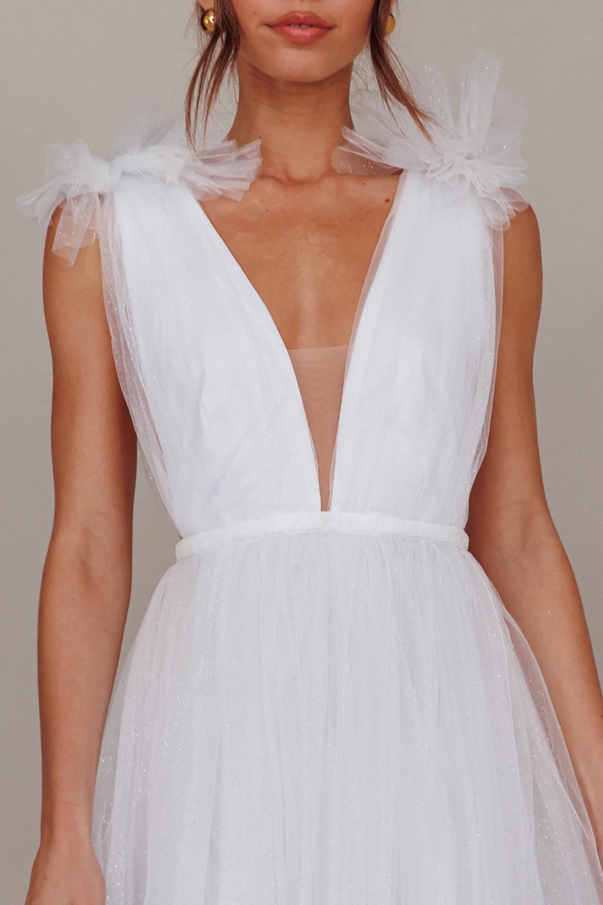 Ludivine Shoulder Accent Mesh Midi Dress Glitter White