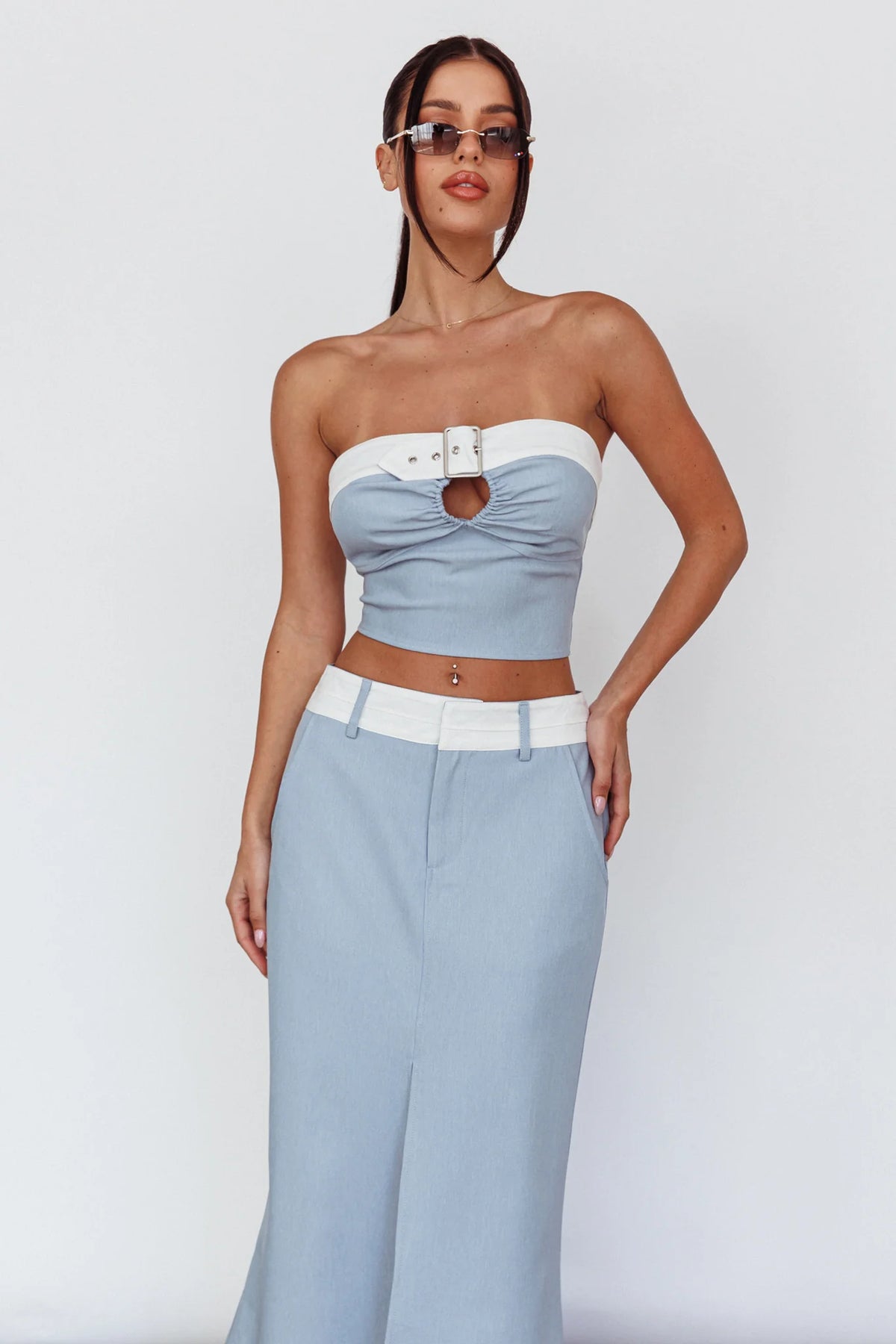 In My Era Front Split Midi Skirt Washed Blue