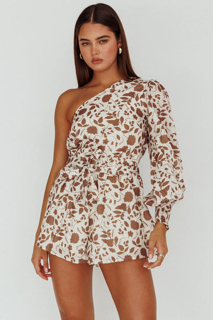 Summer Lover One-Shoulder Romper Floral Brown