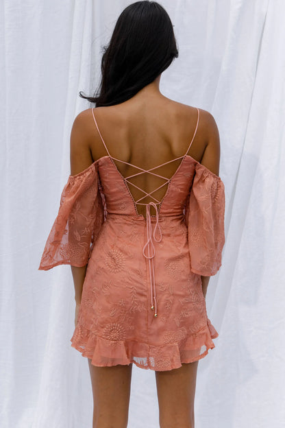 Koda Bell Sleeve Lace-Up Back Mini Dress Peach