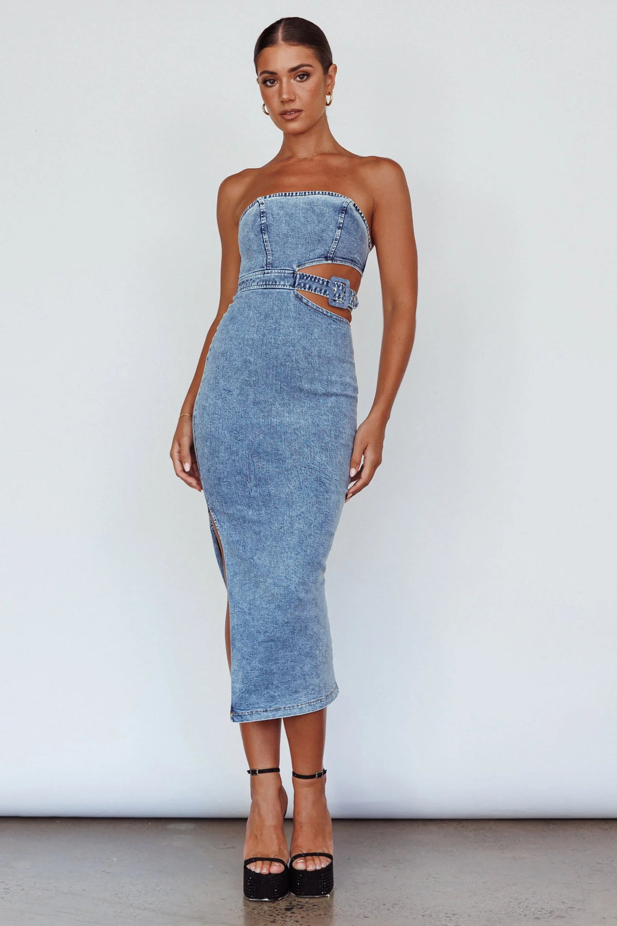 Glisten Cut-Out Buckle Waist Midi Dress Denim Blue