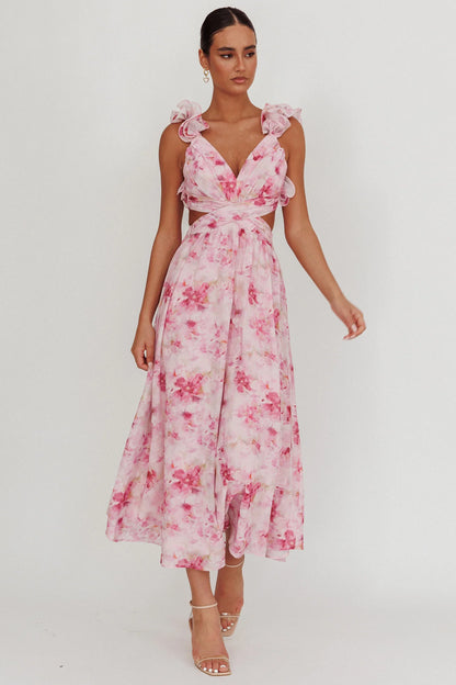 Madara Lace-Up Back Floral Maxi Dress Lilac