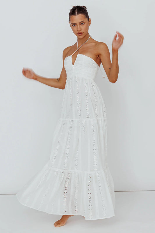 Asiah Halterneck Maxi Dress Eyelet White
