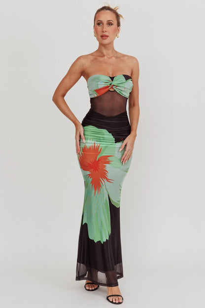 Oliana Sheer Waist Floral Maxi Dress Black