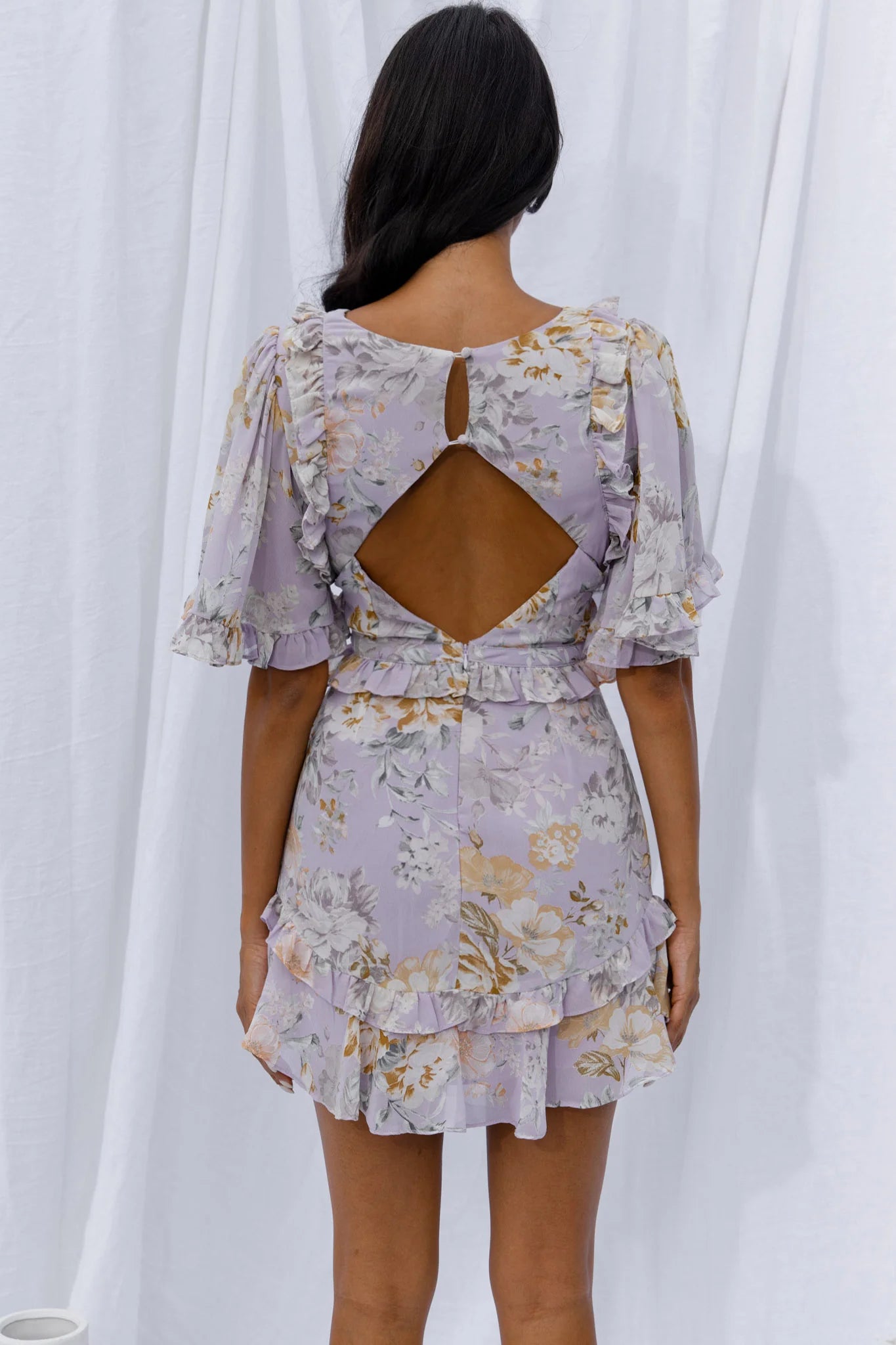 My Belle Cut-Out Detail Frill Accent Dress Vintage Floral Print Lilac